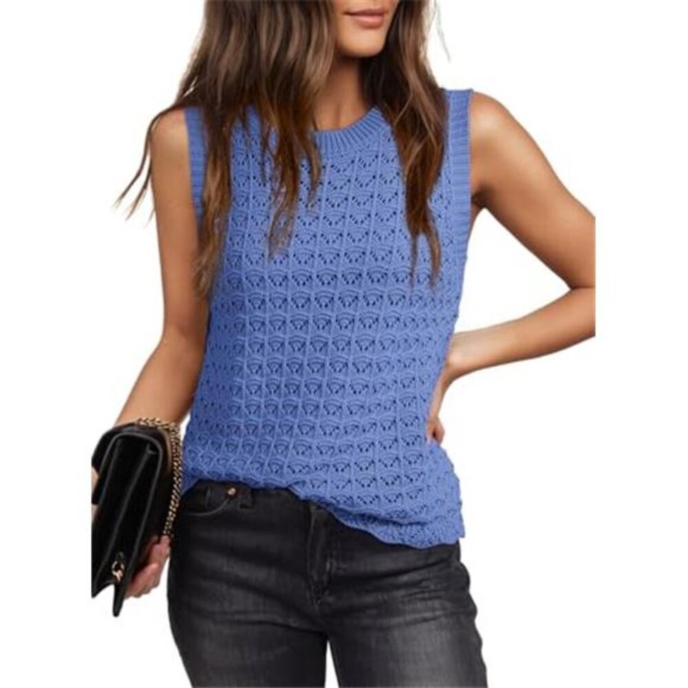 Sky Blue Crochet Sleeveless Sweater Tank Top Summer Clothes